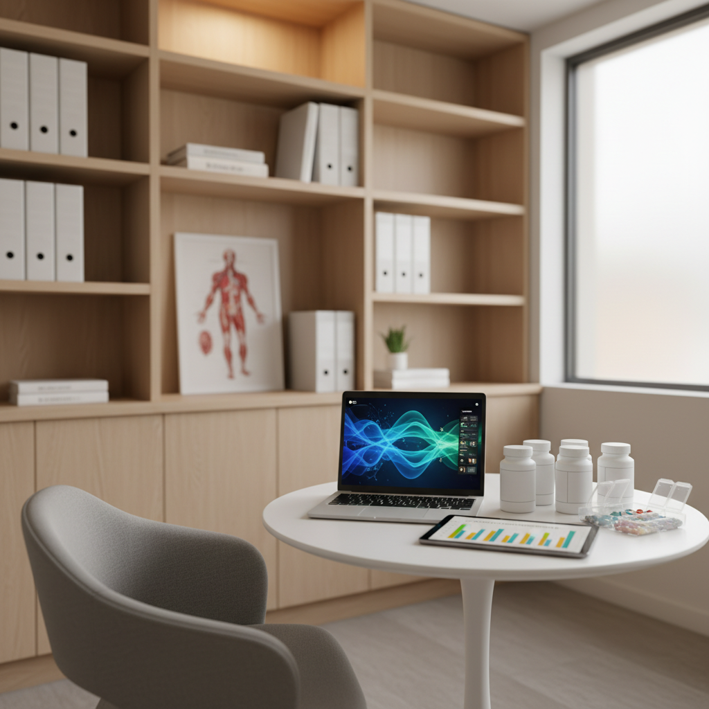 A modern clinical consultation room represented without people, where an ergonomic chair faces a small round table neatly arranged with an open laptop showing abstract AI interface graphics, a tablet with a medication adherence chart, and a tidy assortment of unbranded pill bottles and a weekly pill organizer. The background shows built-in shelving with binders, reference books, and a framed anatomical illustration, all kept text-free. Warm, soft overhead lighting and a hint of daylight from a frosted window create a balanced, reassuring glow. Captured at eye level in photographic realism, with a shallow depth of field that keeps the table in sharp focus and the background softly blurred, the mood is calm, collaborative, and patient-centered, emphasizing thoughtful medication therapy management.