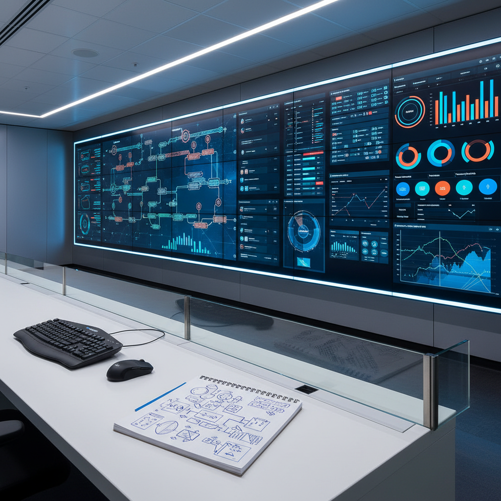 A high-tech yet realistic clinical command center focused on pharmacy and healthcare systems, with wall-mounted displays showing abstracted patient flow diagrams, medication safety dashboards, and color-coded alerts, all intentionally free of readable text. In the foreground, a large clean desk holds a keyboard, a mouse, and a notebook open to a page of schematic process sketches. Cool, even LED lighting illuminates the room, reflecting off glass and brushed metal surfaces to create a precise, analytical atmosphere. Shot from a slightly elevated angle with deep focus, the photographic image highlights the integration of data, workflows, and medication optimization, conveying systems thinking and professional oversight without showing any people.