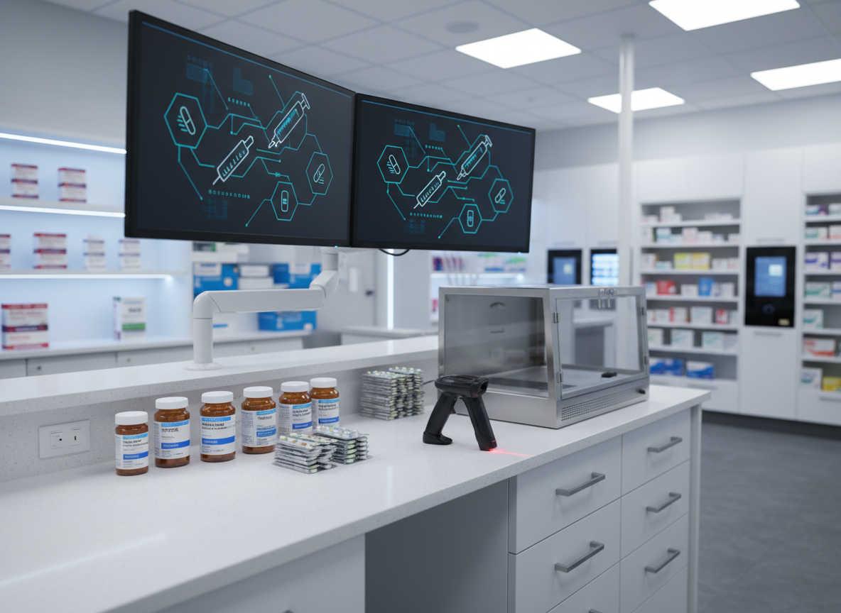 A sleek, organized clinical pharmacy workstation without any people, featuring dual computer monitors displaying abstract graphs and medication icons, a tidy counter with clearly labeled pill bottles, unit-dose blister packs, and a barcode scanner resting beside a compact laminar airflow hood. The scene is set in a modern hospital pharmacy with clean white cabinetry and subtle blue accents. Cool, diffused overhead lighting creates soft reflections on the stainless-steel surfaces and polished countertop, emphasizing a calm, controlled environment. Photographic realism at eye level with a slightly wide angle, showcasing depth into the room where automated dispensing cabinets and shelving fade into a gentle bokeh, conveying professional credibility, safety, and systems-level organization.