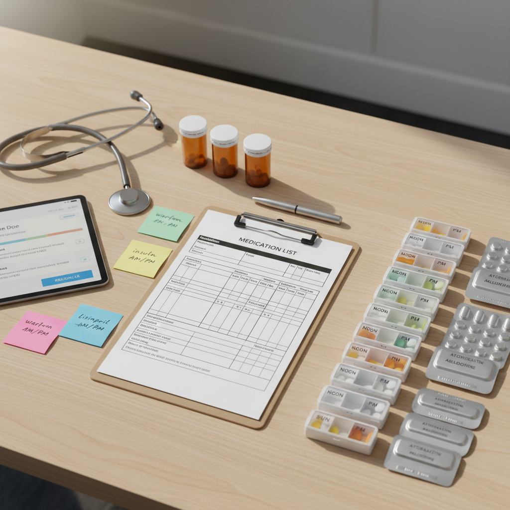 A close-up, overhead photographic view of a medication reconciliation workspace with no people present: a clipboard with a neatly formatted medication list, color-coded sticky notes, a tablet displaying a simplified electronic health record interface, and an array of clearly labeled pill organizers and blister packs arranged in precise rows. The desk surface is a light wood laminate with a stethoscope, non-branded pill bottles, and a pen aligned methodically. Soft, natural daylight from an unseen window bathes the scene, casting gentle shadows and creating a calm, thoughtful mood. The composition follows the rule of thirds, with crisp focus on the central documents and mild blur toward the edges, emphasizing clinical accuracy and careful medication management in a clean, modern aesthetic.